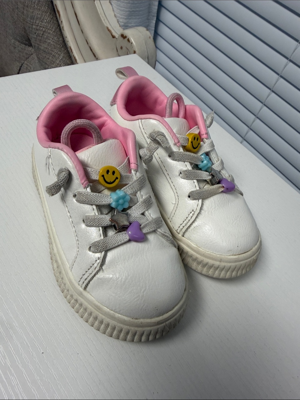 Carter's White and Pink Kids Sneakers with Smiley & Charm Accents